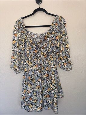 American Eagle Outfitters Blue, Yellow & White Floral Smocked Peasant Dress